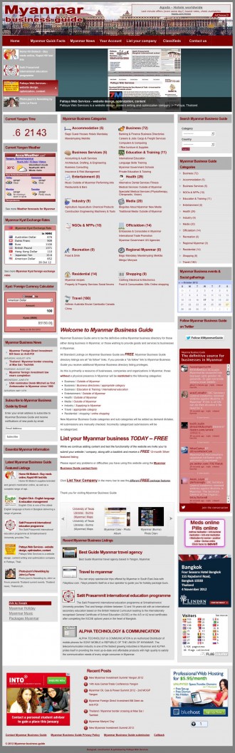 Myanmar Business Guide is a moderated directory for businesses either based in Myanmar, or offering products and/or services to Myanmar. Myanmar Business Guide utilizes the PremiumPress, premium WordPress CMS theme with extensive CSS changes and a range of free WordPress plugins to provide real-time Myanmar time, currency rates, and weather. The site utilises AWPCP to provide a classified advertising section. The Myanmar Business Guide website was seeded with high quality reference text, incorporates a newsblog, photo gallery and contact details for Myanmar government departments. 