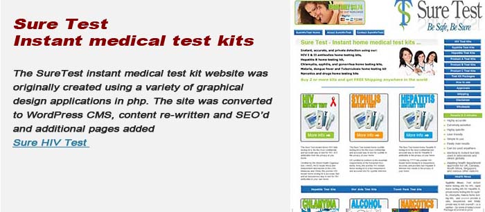 The Sure HIV Test website was originally created using a variety of graphical design applications in HTML. The site was converted to WordPress CMS, content re-written and SEO'd and additional pages added and utilises our packaged eCommerce starter solution.